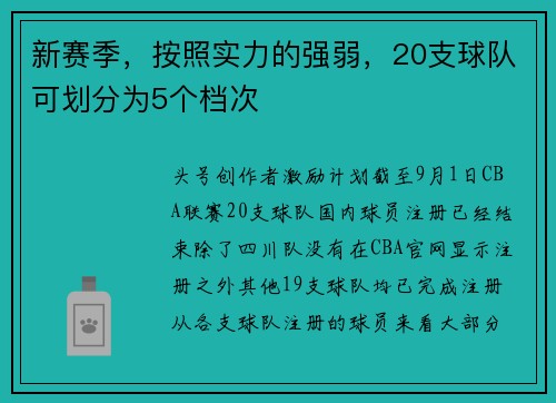 新赛季，按照实力的强弱，20支球队可划分为5个档次